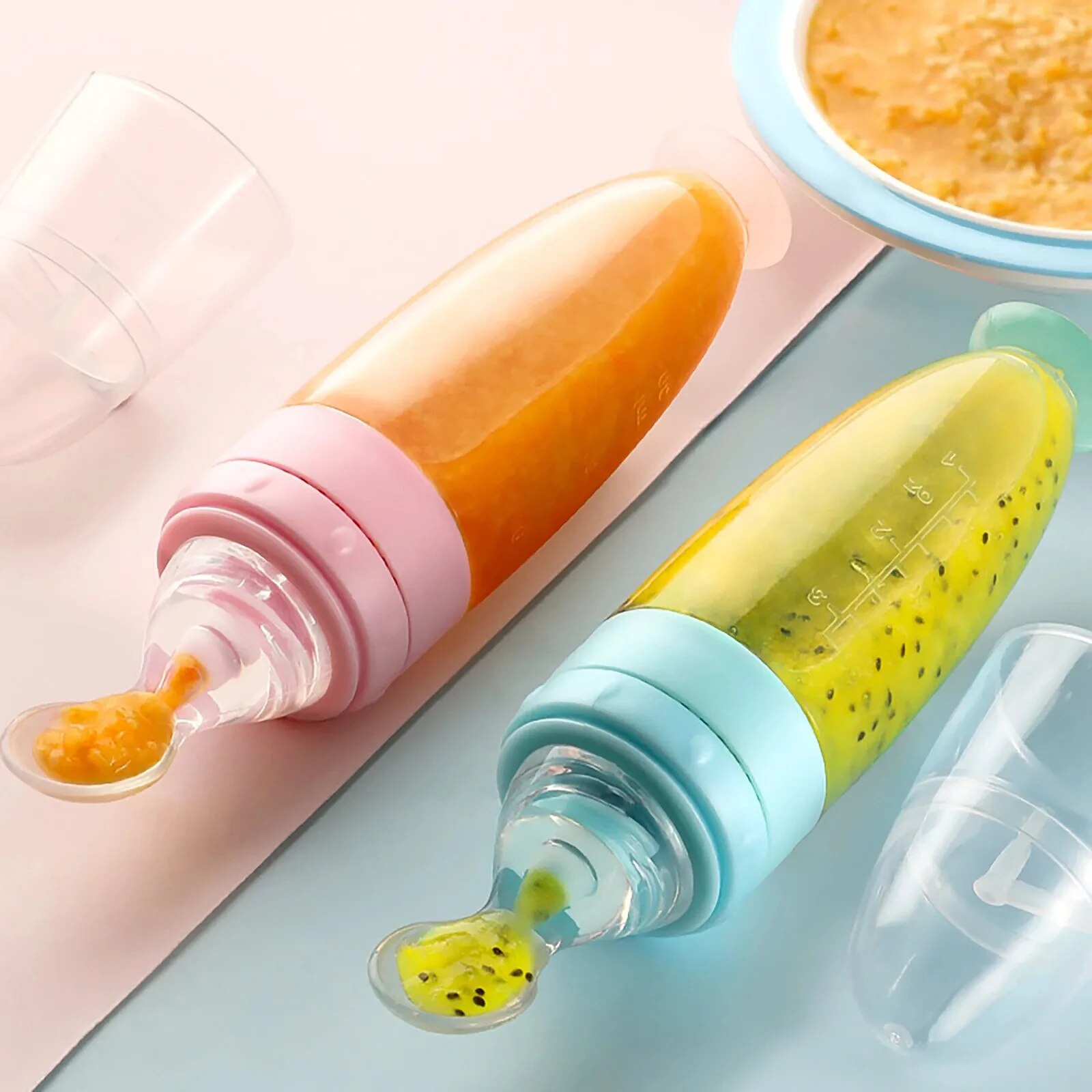 Baby Food Feeder - زجاجة سيليكون قابلة للاكتئاب تغذية آمنة